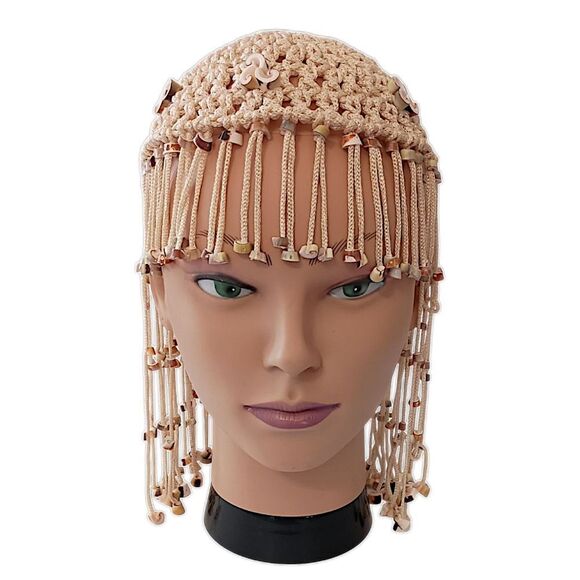 Vtg 70s Macrame Crown Headpiece Cowrie Shell Flapper Seashell Bohemian Cleopatra main image 4